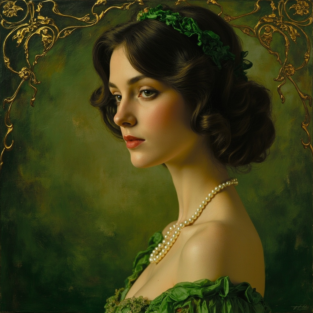 Jade Reverie — Art Nouveau oil painting